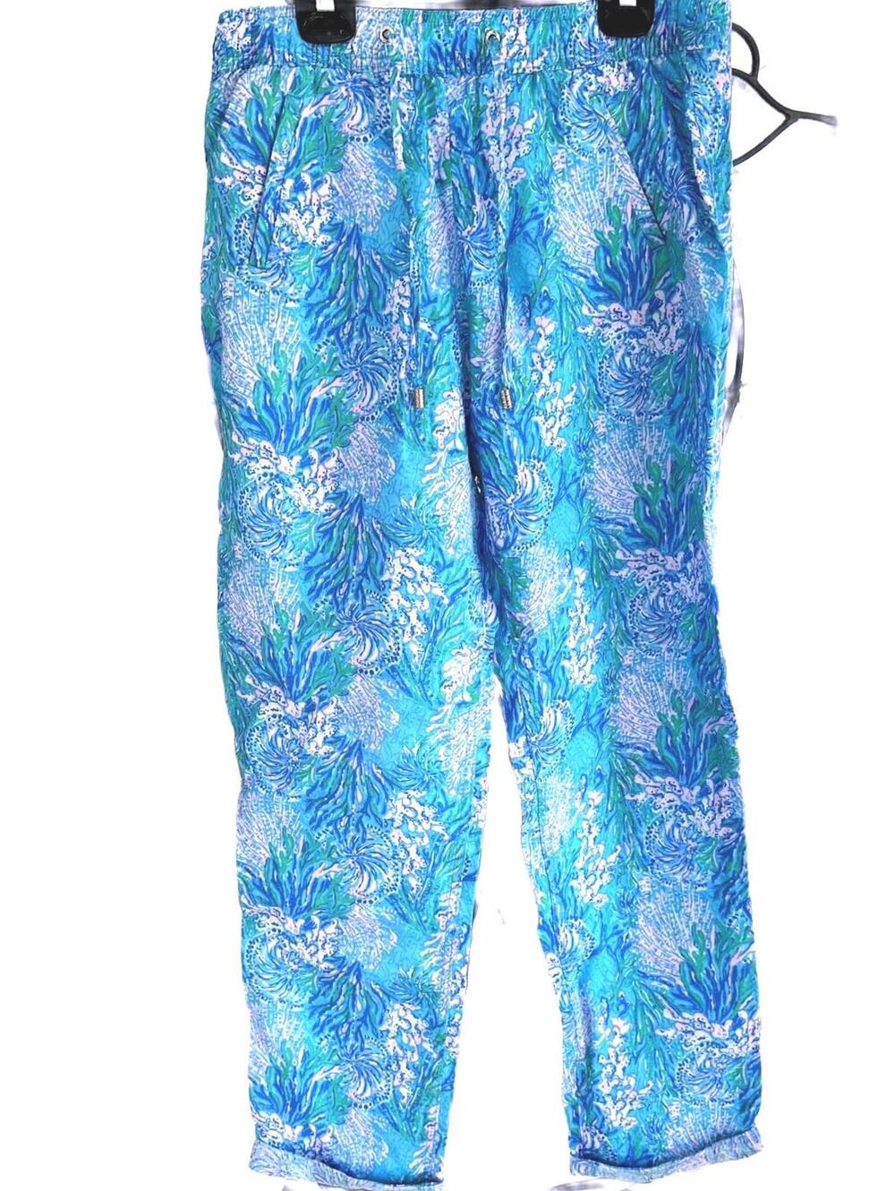 Lilly Pulitzer Tropical Turquoise Print 100% Linen Cropped Pants - Size M